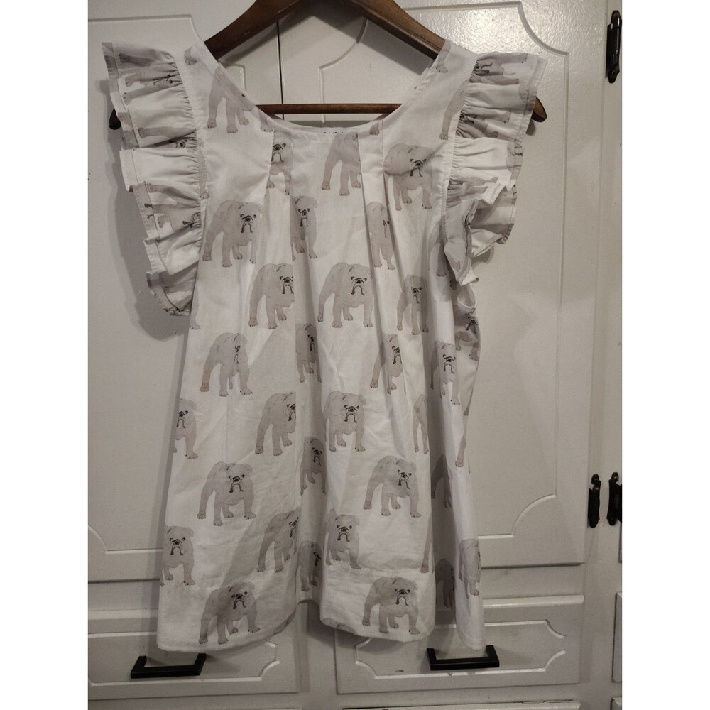 Brooke Wright Dog Print Blouse Top Womens Sz Medium Puff Sleeves Cotton
